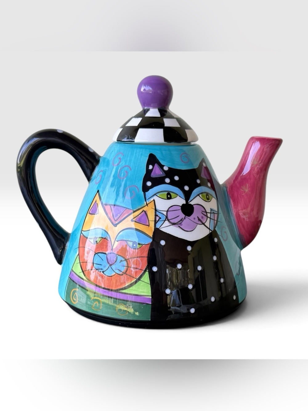 KITTY CAT KITTENS Vintage Milson & Louis Handpainted Ceramic Colorful Teapot